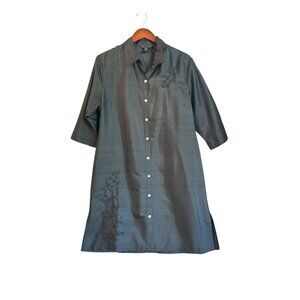 Anne Carson Black 100% Silk Embroidered Duster Shirt Dress XL Floral Long Jacket